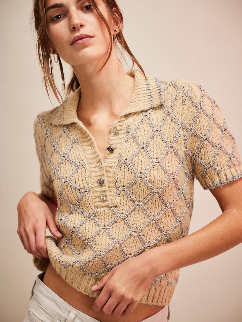 Free People Cozy Short-Sleeve Polo Cable Knit Sweater - Beige
